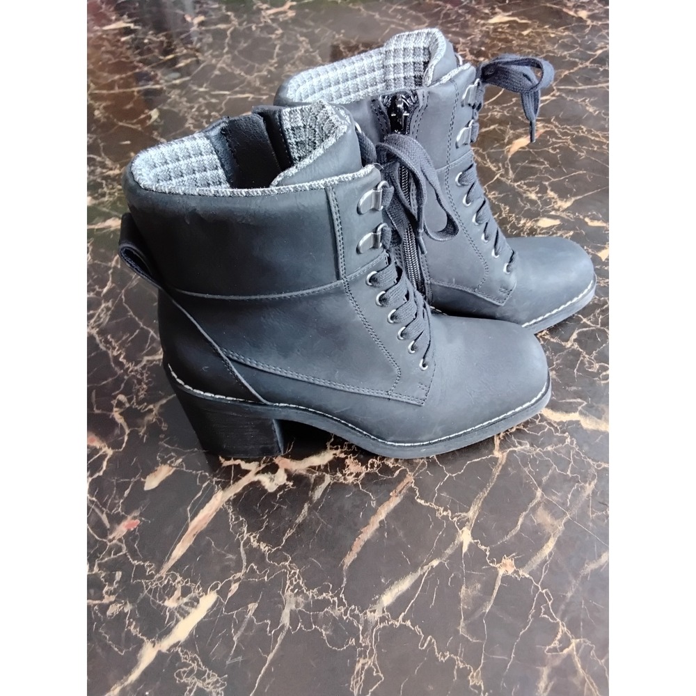 Crown Vintage Womens Black Combat Ankle Boots Plaid Trim Block‎ Heel 6M NWOT - Picture 4 of 7